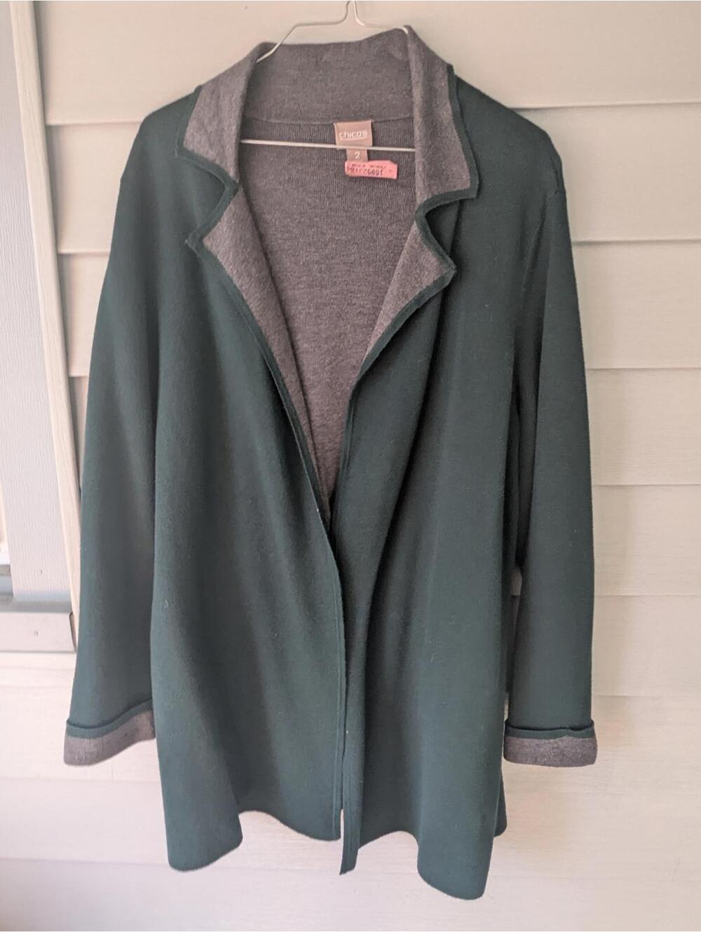 Chico's Women's Green and Gray Open Front Cardigan Jacket Size L